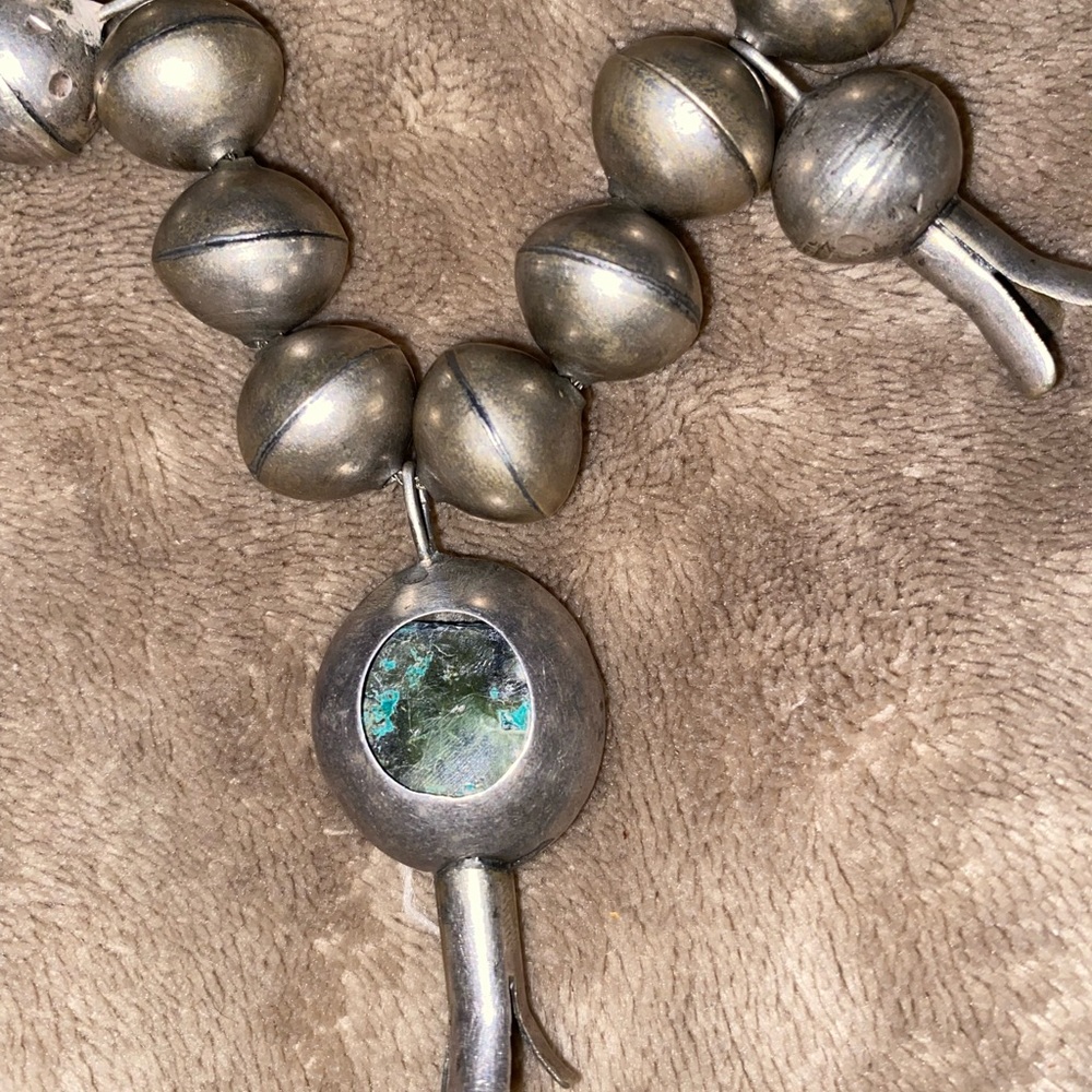 Vintage Navajo Squash Blossom Silver bead necklace. One bead with turquoise.